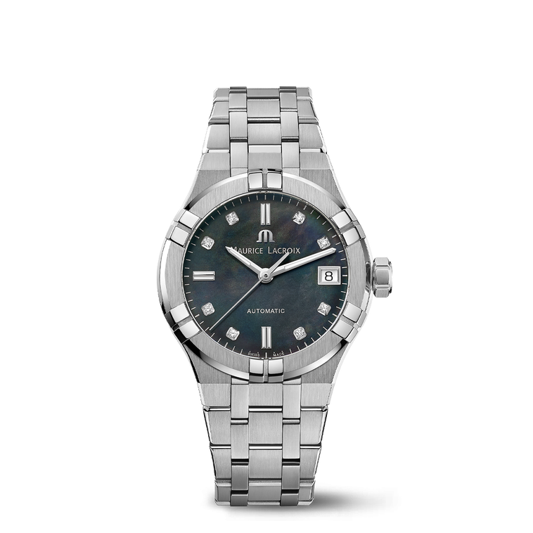 Steel, black MOP, index rhod.,8 dia AIKON AUTOMATIC DATE 35MM