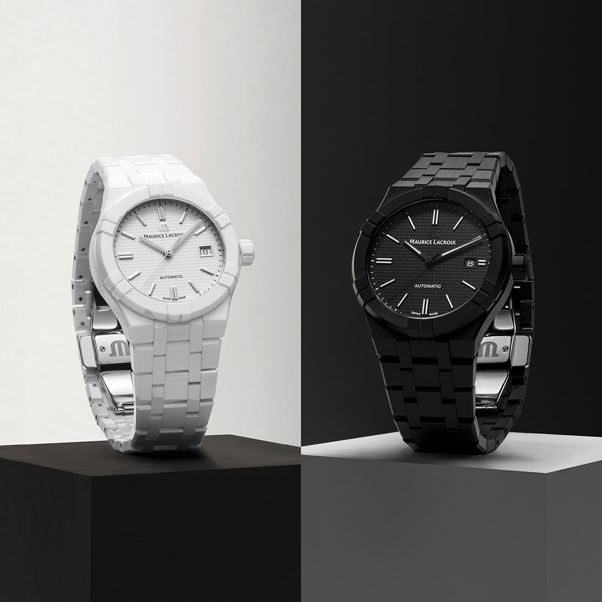 CERAMIC WHITE, WHITE, INDEX RHODIED AIKON AUTOMATIC CERAMIC 39MM