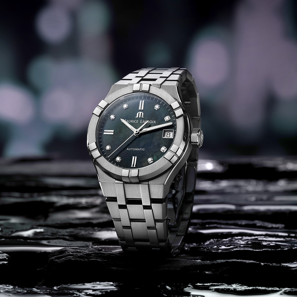 Steel, black MOP, index rhod.,8 dia AIKON AUTOMATIC DATE 35MM