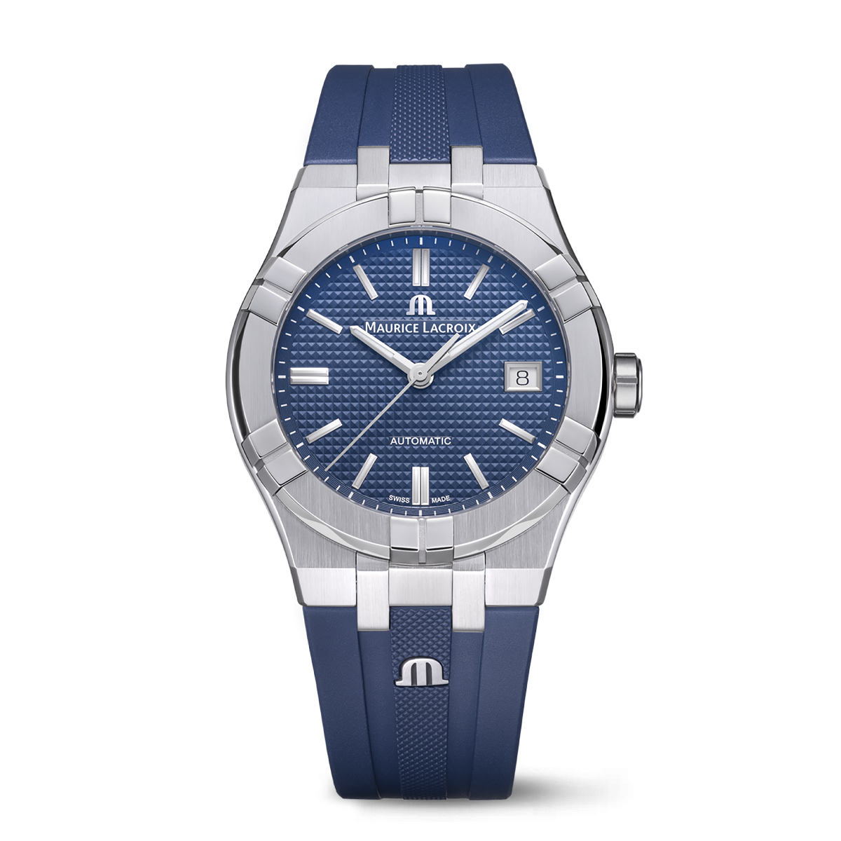 Steel, blue color, index rhodied AIKON AUTOMATIC DATE 39MM