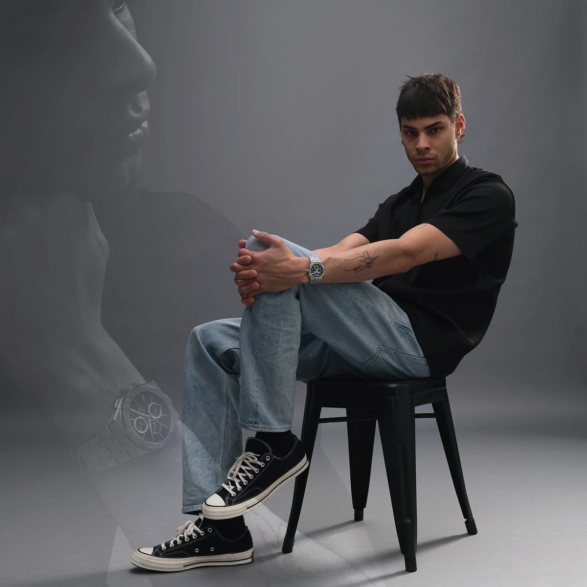 Steel, black, 12 ind. rhodied AIKON QUARTZ CHRONOGRAPH