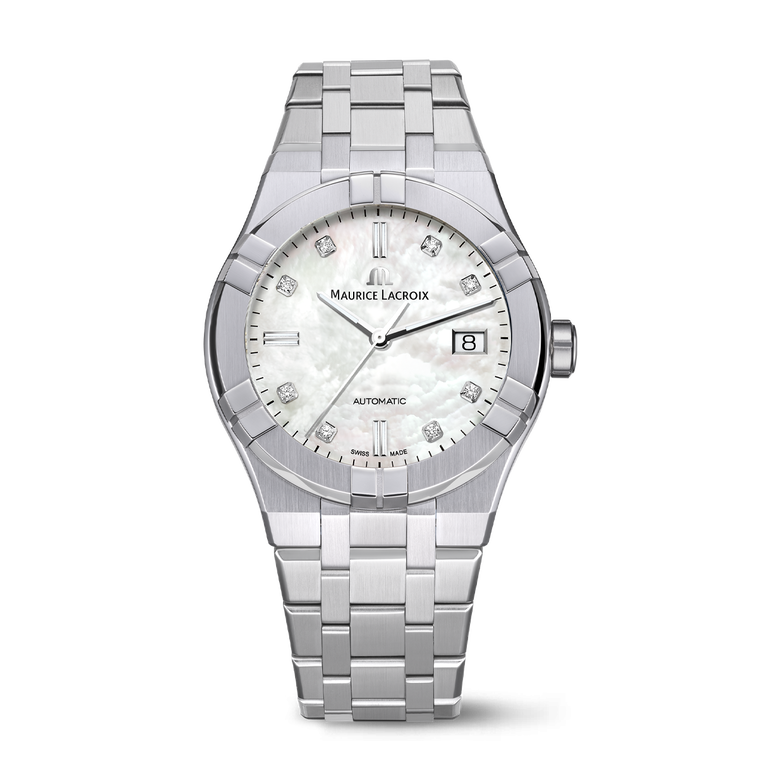 Stahl, weiss. Perlm., Index rho.,8 Diam. AIKON AUTOMATIC DATE 39MM