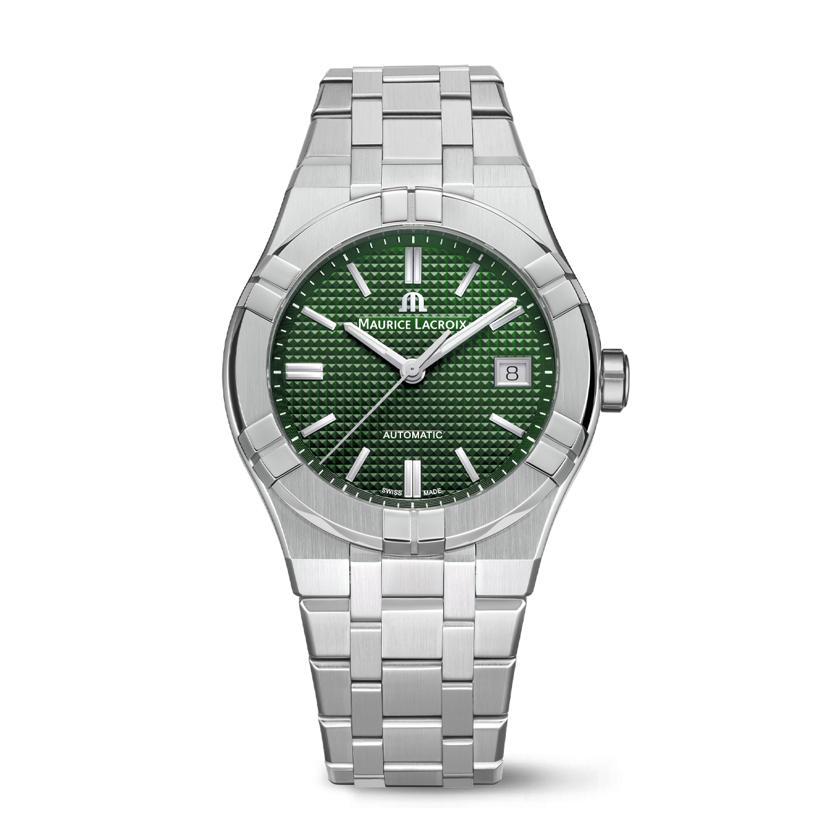 Steel, green color, index rhodied AIKON AUTOMATIC DATE 39MM