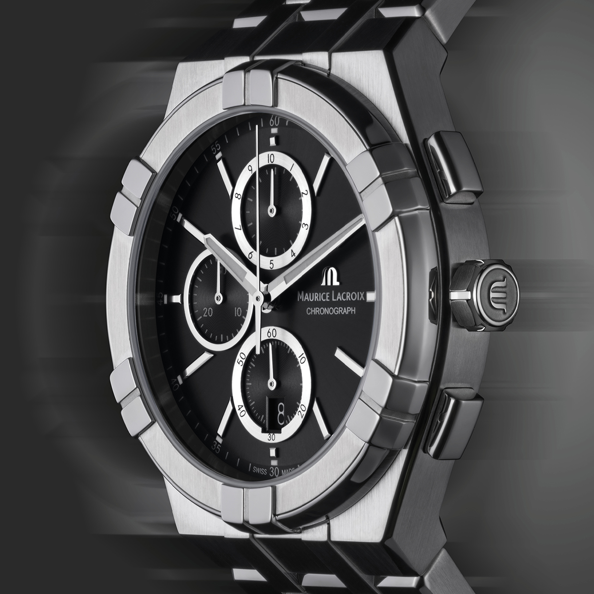 Steel, black, 12 ind. rhodied AIKON QUARTZ CHRONOGRAPH