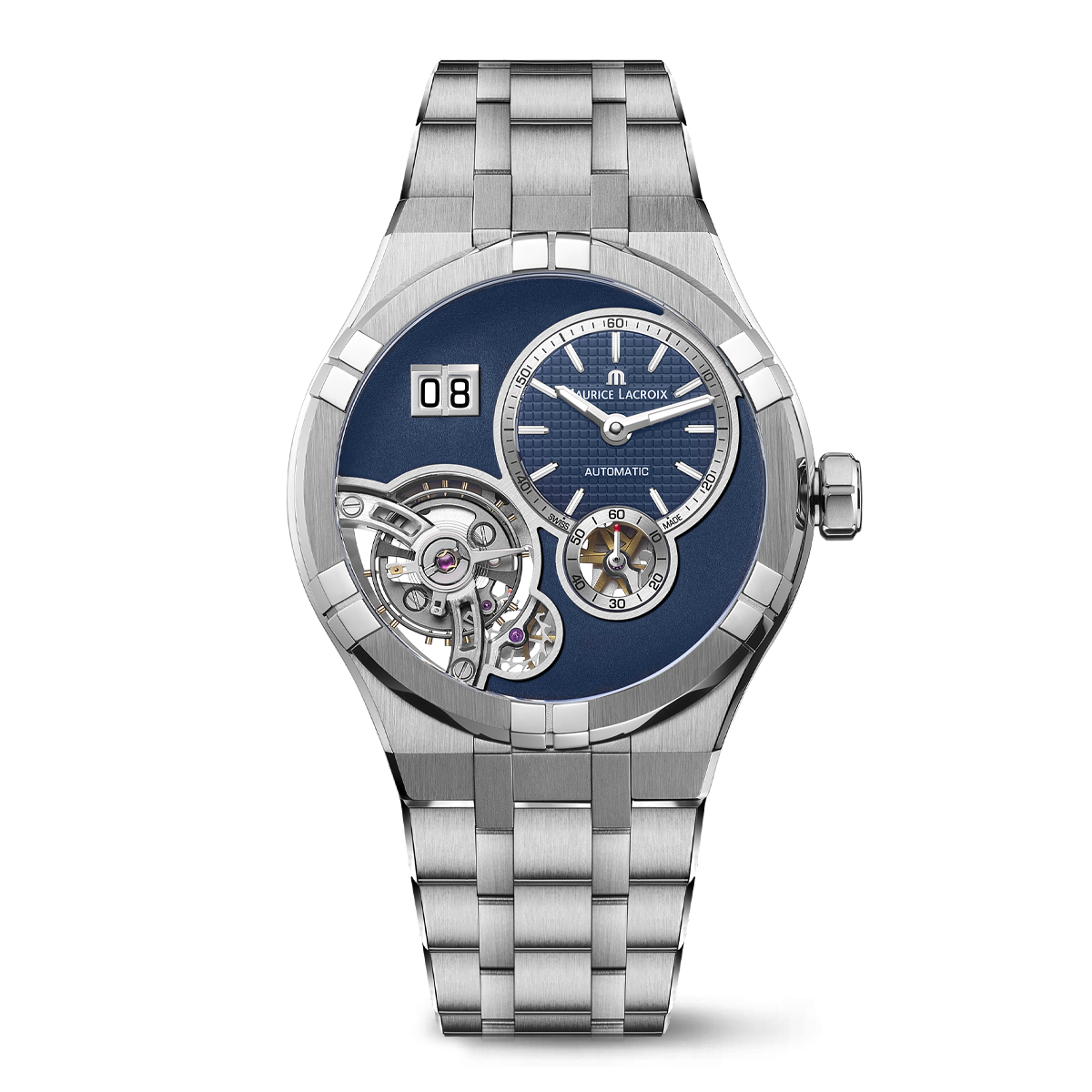 Steel, dark blue, index rhodied AIKON MASTER GRAND DATE