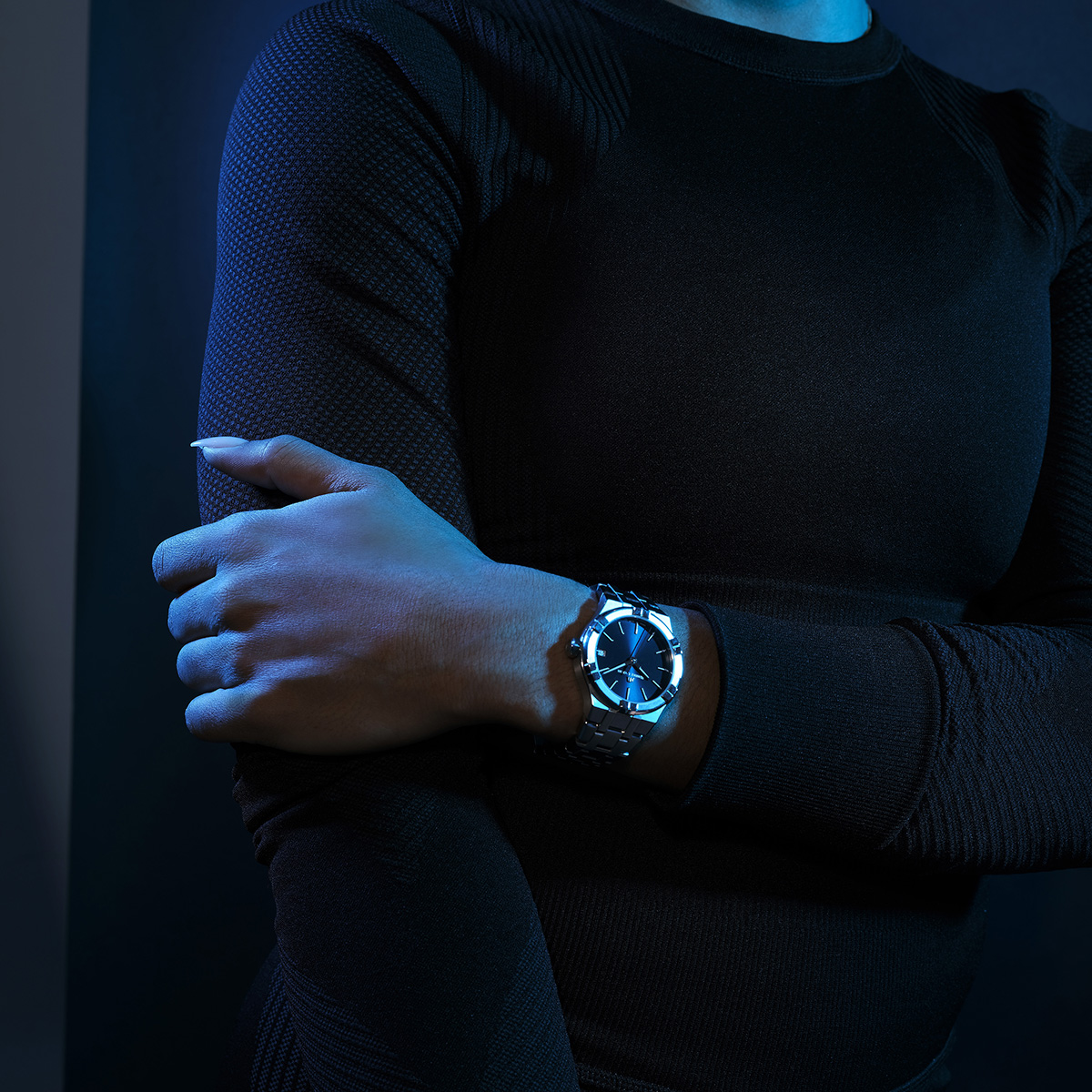 Stahl, blau, Index rhodium AIKON QUARTZ DATE 35MM